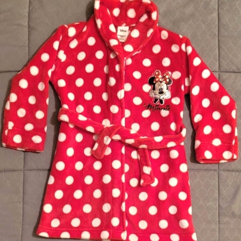 Disney Minnie Mouse Girls Fleece Robe Red White Poka Dots 4T/5T Bath Beach Pool